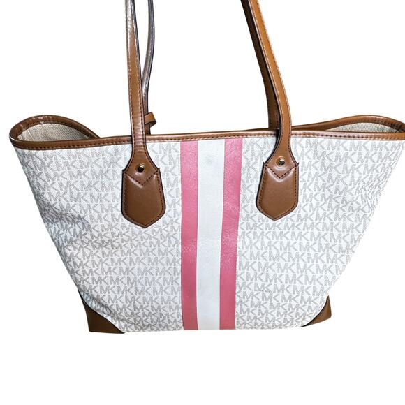 Michael Kors Eva Large Tote White/Ivory Pink Stripe Coated Canvas Purse Bag - Picture 3 of 13